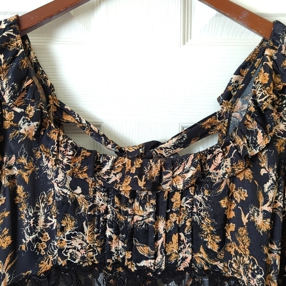 Free People Lucie Floral Scoop Neck Tied Open Back A-Line Mini Dress Black 6 - Picture 3 of 16